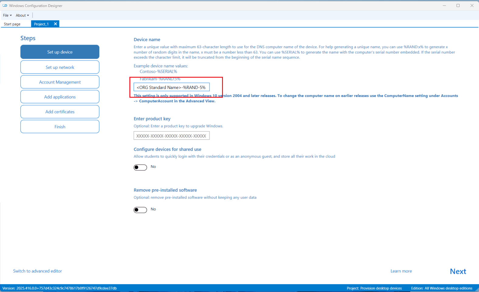 Set Up Device – Naming Template