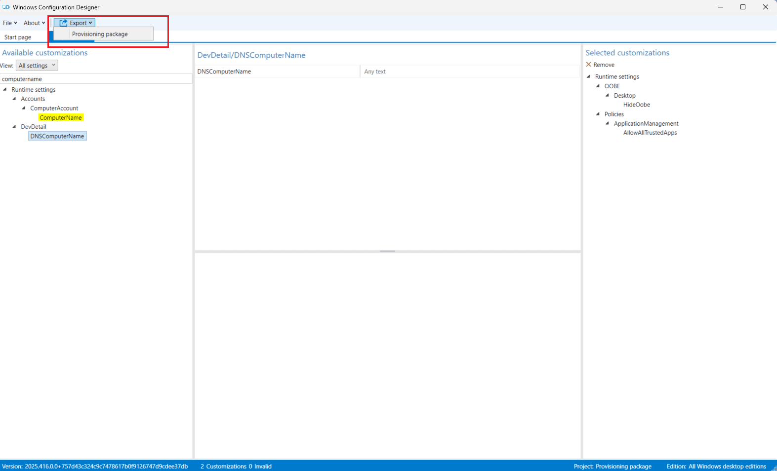 Export Provisioning Package