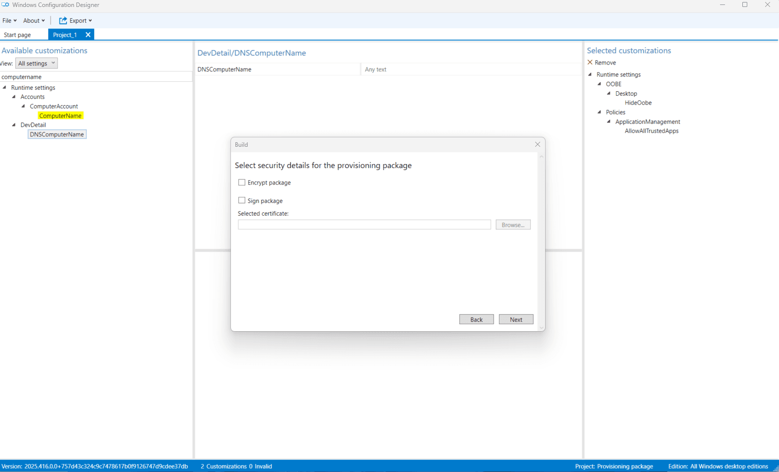 Provisioning Package Security Settings