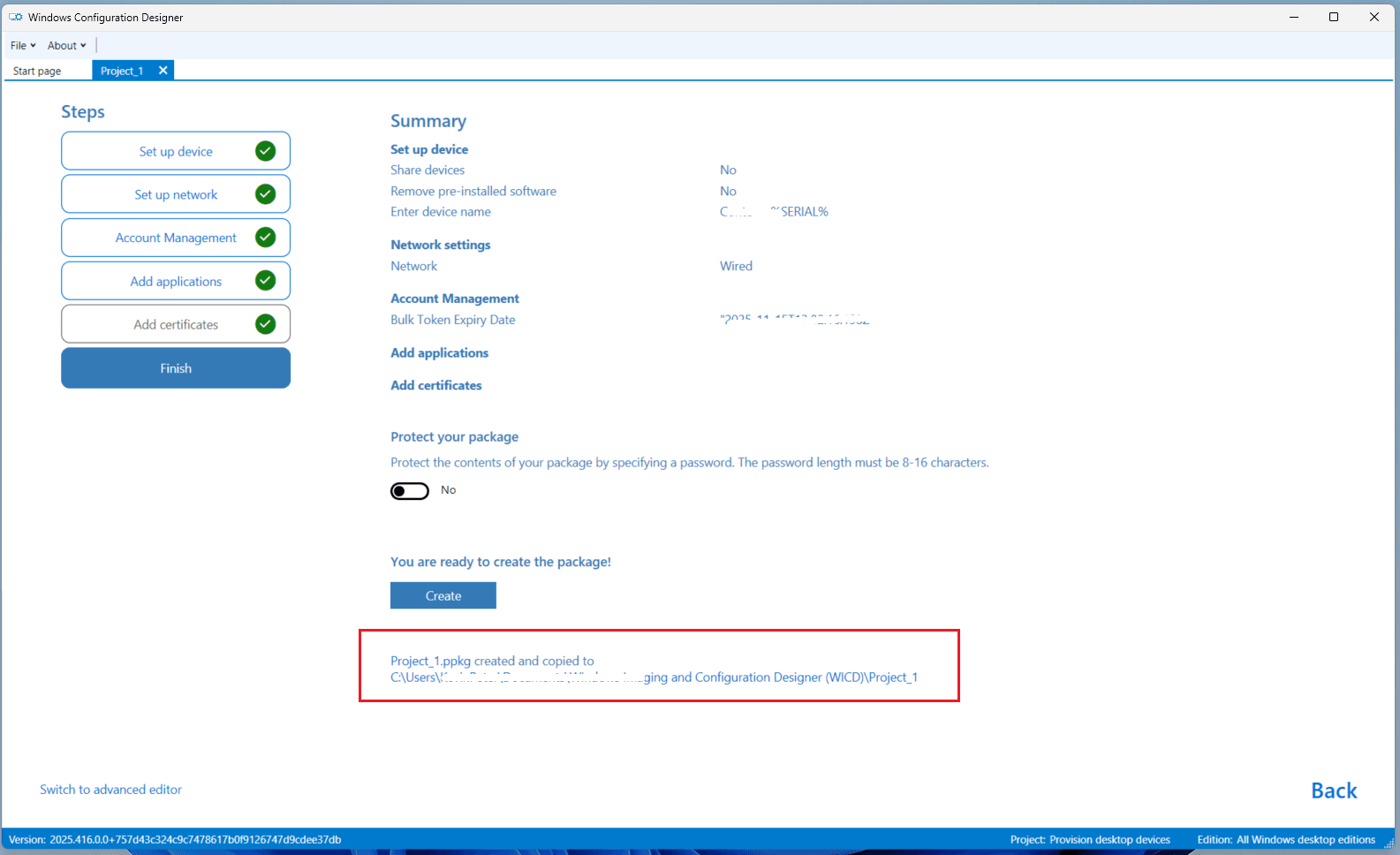 Provisioning Package Created