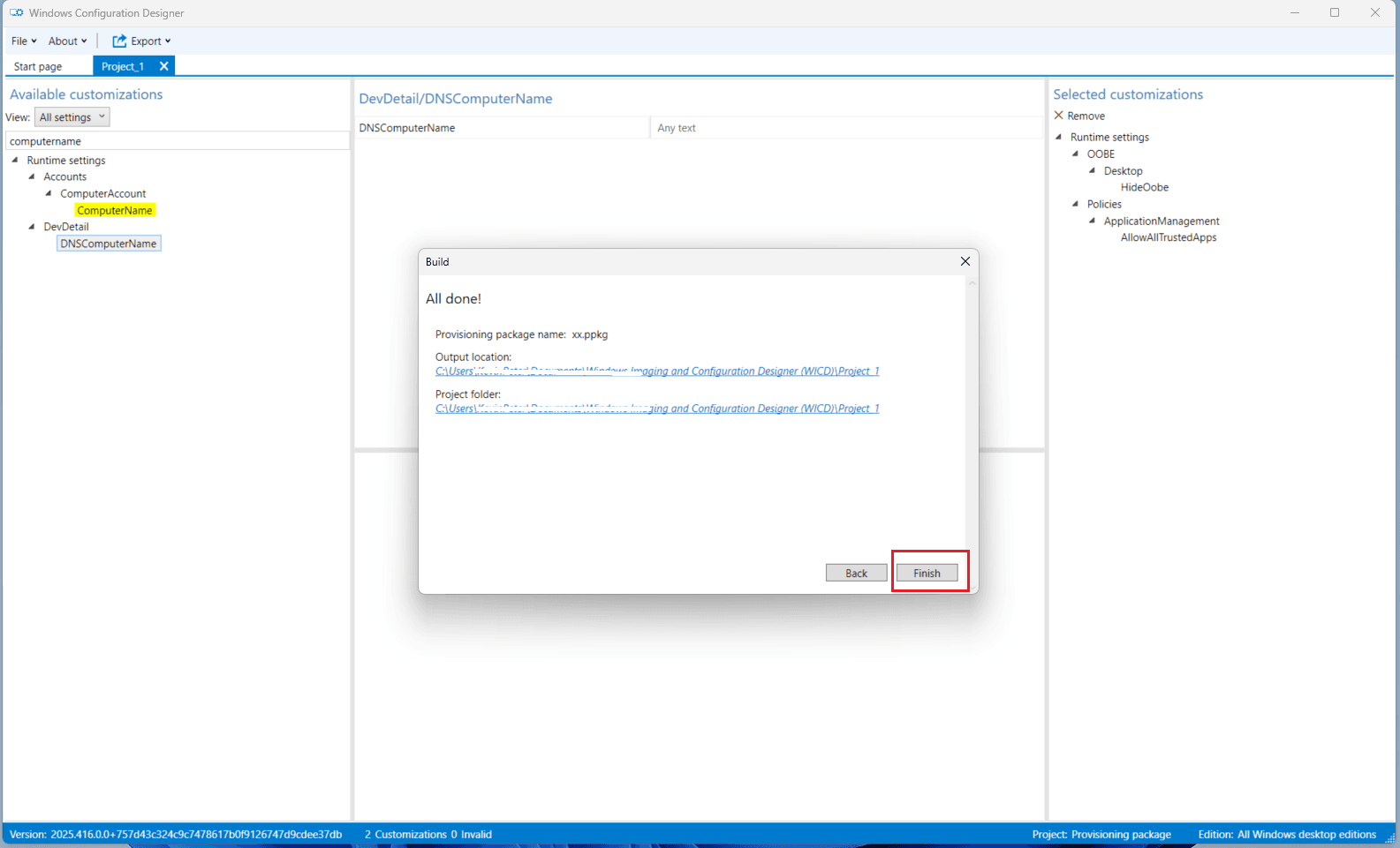 Provisioning Package Saved Confirmation